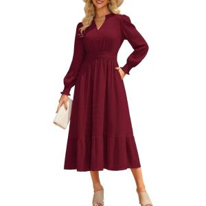 imageGRACE KARIN Womens Puff Long Sleeve V Neck Smocked Maxi Dress Tiered Aline Spring Fall Flowy Long Dress with PocketsWine Red