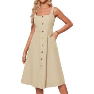 imageGRACE KARIN Womens Summer Dress 2025 Casual Square Neck Flattering ALine Button Down Midi Tank Sundress with PocketsApricot Yellow