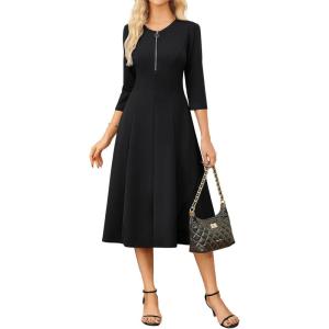 imageGRACE KARIN Womens Wear to Work Dresses Funeral Dress 34 Sleeve Zipper Front Empire Waist Aline Dress with PocketsBlack