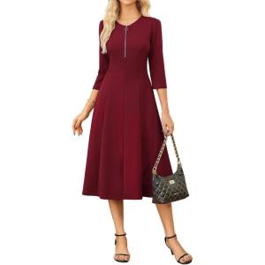 imageGRACE KARIN Womens Wear to Work Dresses Funeral Dress 34 Sleeve Zipper Front Empire Waist Aline Dress with PocketsDark Red