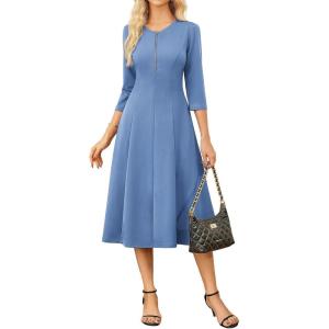 imageGRACE KARIN Womens Wear to Work Dresses Funeral Dress 34 Sleeve Zipper Front Empire Waist Aline Dress with PocketsGray Blue