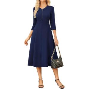 imageGRACE KARIN Womens Wear to Work Dresses Funeral Dress 34 Sleeve Zipper Front Empire Waist Aline Dress with PocketsNavy Blue