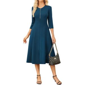 imageGRACE KARIN Womens Wear to Work Dresses Funeral Dress 34 Sleeve Zipper Front Empire Waist Aline Dress with PocketsPeacock Blue