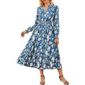 imageWomens Floral Dress for Women 2025 Fall Midi Dress Casual Long Sleeve V Neck A Line Flowy Shirt Dresses with PocketBlue With White Floral