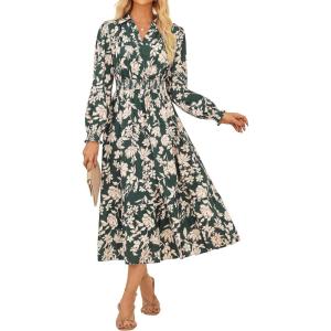 imageWomens Floral Dress for Women 2025 Fall Midi Dress Casual Long Sleeve V Neck A Line Flowy Shirt Dresses with PocketGreen With Beige Floral