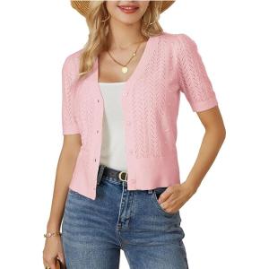 imageGRACE KARIN Cropped Cardigan Sweaters for Women Short Sleeve Crochet Knit Bolero Shrug VNeck Button up TopsLight Pink
