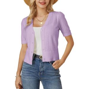 imageGRACE KARIN Cropped Cardigan Sweaters for Women Short Sleeve Crochet Knit Bolero Shrug VNeck Button up TopsLilac Purple