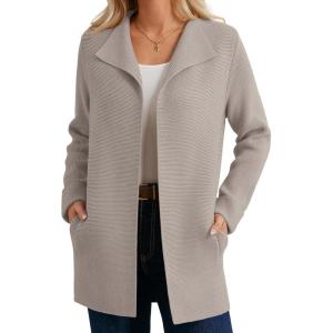 imageGRACE KARIN Women Long Cardigans Chunky Sweater Jacket Ribbed Knit Open Front Lapel Coatigan with Pockets 2025 FallBeige