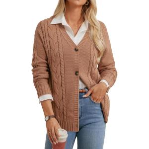 imageGRACE KARIN Womens 2025 Fall Long Sleeve Sweater Cardigan Chunky Cable Knit Sweater Casual Button Coats OuterwearBrown