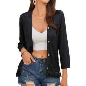 imageGRACE KARIN Womens 34 Sleeve VNeck Boho Hollowed Out Crochet Knit Shrug Lightweight Cardigan Sweater with TasselsBlack