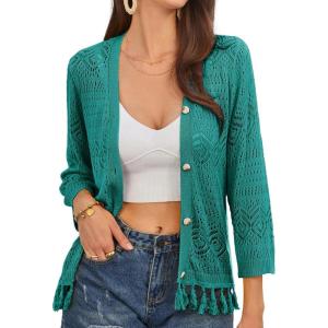 imageGRACE KARIN Womens 34 Sleeve VNeck Boho Hollowed Out Crochet Knit Shrug Lightweight Cardigan Sweater with TasselsBlue Green
