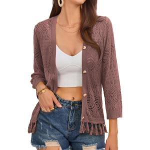 imageGRACE KARIN Womens 34 Sleeve VNeck Boho Hollowed Out Crochet Knit Shrug Lightweight Cardigan Sweater with TasselsFire Brick