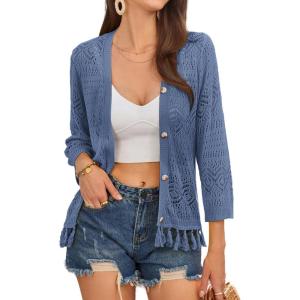 imageGRACE KARIN Womens 34 Sleeve VNeck Boho Hollowed Out Crochet Knit Shrug Lightweight Cardigan Sweater with TasselsGray Blue