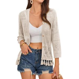 imageGRACE KARIN Womens 34 Sleeve VNeck Boho Hollowed Out Crochet Knit Shrug Lightweight Cardigan Sweater with TasselsLight Apricot