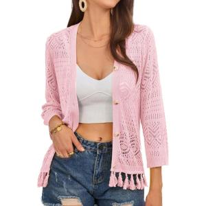 imageGRACE KARIN Womens 34 Sleeve VNeck Boho Hollowed Out Crochet Knit Shrug Lightweight Cardigan Sweater with TasselsPink