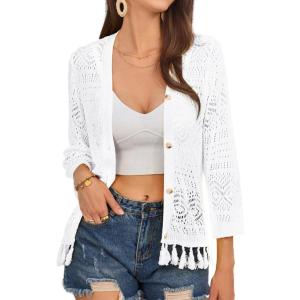 imageGRACE KARIN Womens 34 Sleeve VNeck Boho Hollowed Out Crochet Knit Shrug Lightweight Cardigan Sweater with TasselsWhite