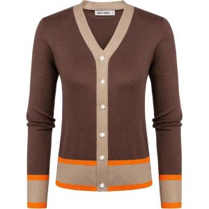 imageGRACE KARIN Womens Cardigan Contrast Color Block Sweaters Lightweight Long Sleeve Cropped Cardigan VNeck Striped ShrugsContrast Brown