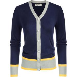 imageGRACE KARIN Womens Cardigan Contrast Color Block Sweaters Lightweight Long Sleeve Cropped Cardigan VNeck Striped ShrugsContrast Dark Blue