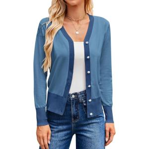 imageGRACE KARIN Womens Cardigan Contrast Color Block Sweaters Lightweight Long Sleeve Cropped Cardigan VNeck Striped ShrugsGray Blue