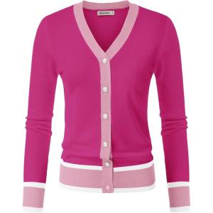 imageGRACE KARIN Womens Cardigan Contrast Color Block Sweaters Lightweight Long Sleeve Cropped Cardigan VNeck Striped ShrugsHot Pink