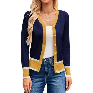 imageGRACE KARIN Womens Cardigan Contrast Color Block Sweaters Lightweight Long Sleeve Cropped Cardigan VNeck Striped ShrugsNavy Yellow