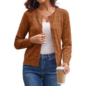imageGRACE KARIN Womens Long Sleeve Button Up Cable Knit Cardigan Lightweight 2025 Crewneck Button Down Sweaters for WomenCaramel