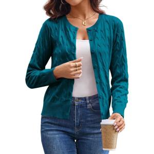 imageGRACE KARIN Womens Long Sleeve Button Up Cable Knit Cardigan Lightweight 2025 Crewneck Button Down Sweaters for WomenPeacock Blue