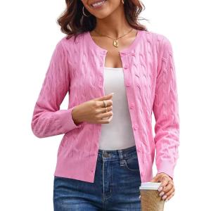 imageGRACE KARIN Womens Long Sleeve Button Up Cable Knit Cardigan Lightweight 2025 Crewneck Button Down Sweaters for WomenPink