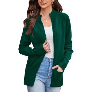 imageGRACE KARIN Womens Long Sleeve Zip Up Knit Cardigan with Pockets Stand Collar Full Zip Sweater Coat LightweightDark Green