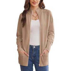 imageGRACE KARIN Womens Long Sleeve Zip Up Knit Cardigan with Pockets Stand Collar Full Zip Sweater Coat LightweightLight Khaki