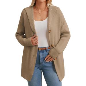 imageGRACE KARIN Womens Oversized Hooded Cardigan Sweaters 2025 Trendy Fall Outfits Button Up Knit Sweater Coats with PocketsKhaki