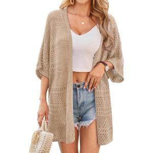 imageGRACE KARIN Womens Summer Short Sleeve Crochet Cardigan Sweaters Lightweight 2025 Oversized Knit Boho Kimono CardigansBeige