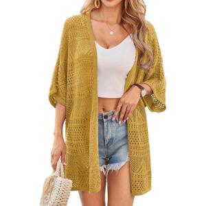 imageGRACE KARIN Womens Summer Short Sleeve Crochet Cardigan Sweaters Lightweight 2025 Oversized Knit Boho Kimono CardigansDark Yellow