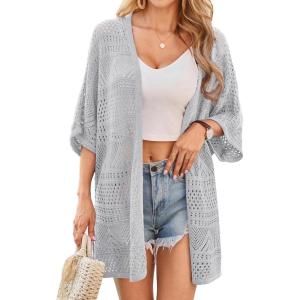 imageGRACE KARIN Womens Summer Short Sleeve Crochet Cardigan Sweaters Lightweight 2025 Oversized Knit Boho Kimono CardigansLight Grey