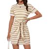 imageGRACE KARIN Striped Shirt Dresses for Women Front Tie Crewneck Wrap Dress Short Sleeve TShirt Casual Mini Bodycon DressKhaki