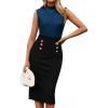 imageGRACE KARIN 2025 Womens Lightweight Mock Neck Business Work Dress Sleeveless Double Breasted Bodycon Midi DressPeacock Blueblack