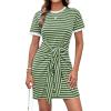 imageGRACE KARIN Striped Shirt Dresses for Women Front Tie Crewneck Wrap Dress Short Sleeve TShirt Casual Mini Bodycon DressGreen