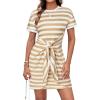 imageGRACE KARIN Striped Shirt Dresses for Women Front Tie Crewneck Wrap Dress Short Sleeve TShirt Casual Mini Bodycon DressKhaki