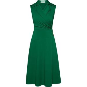 imageGRACE KARIN 2025 Womens Notch Lapel Ruched Wrap V Neck Business Work Dress Sleeveless A Line Midi DressDark Green
