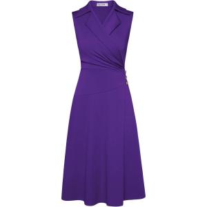 imageGRACE KARIN 2025 Womens Notch Lapel Ruched Wrap V Neck Business Work Dress Sleeveless A Line Midi DressPurple