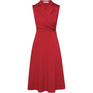 imageGRACE KARIN 2025 Womens Notch Lapel Ruched Wrap V Neck Business Work Dress Sleeveless A Line Midi DressRed