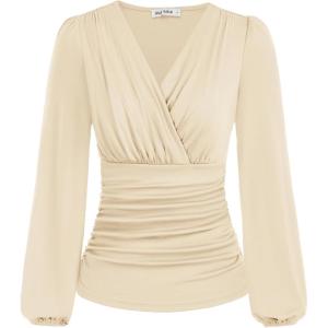 imageGRACE KARIN 2025 Womens Tops Fall Wrap Blouse V Neck Work Shirt Long Sleeve Dressy Casual Ruched Top Trendy Fashion OutfitsApricot