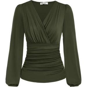 imageGRACE KARIN 2025 Womens Tops Fall Wrap Blouse V Neck Work Shirt Long Sleeve Dressy Casual Ruched Top Trendy Fashion OutfitsArmy Green