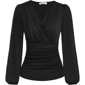 imageGRACE KARIN 2025 Womens Tops Fall Wrap Blouse V Neck Work Shirt Long Sleeve Dressy Casual Ruched Top Trendy Fashion OutfitsBlack