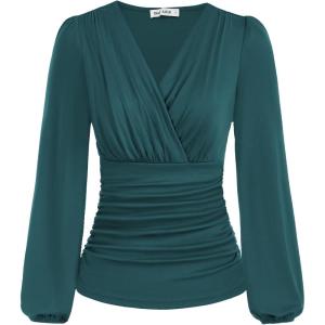 imageGRACE KARIN 2025 Womens Tops Fall Wrap Blouse V Neck Work Shirt Long Sleeve Dressy Casual Ruched Top Trendy Fashion OutfitsBlue Green