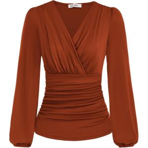 imageGRACE KARIN 2025 Womens Tops Fall Wrap Blouse V Neck Work Shirt Long Sleeve Dressy Casual Ruched Top Trendy Fashion OutfitsCaramel