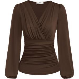 imageGRACE KARIN 2025 Womens Tops Fall Wrap Blouse V Neck Work Shirt Long Sleeve Dressy Casual Ruched Top Trendy Fashion OutfitsCoffee