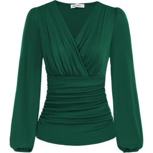 imageGRACE KARIN 2025 Womens Tops Fall Wrap Blouse V Neck Work Shirt Long Sleeve Dressy Casual Ruched Top Trendy Fashion OutfitsDark Green