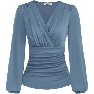 imageGRACE KARIN 2025 Womens Tops Fall Wrap Blouse V Neck Work Shirt Long Sleeve Dressy Casual Ruched Top Trendy Fashion OutfitsHaze Blue
