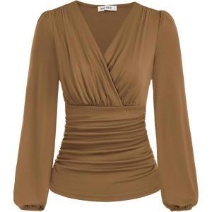 imageGRACE KARIN 2025 Womens Tops Fall Wrap Blouse V Neck Work Shirt Long Sleeve Dressy Casual Ruched Top Trendy Fashion OutfitsKhaki